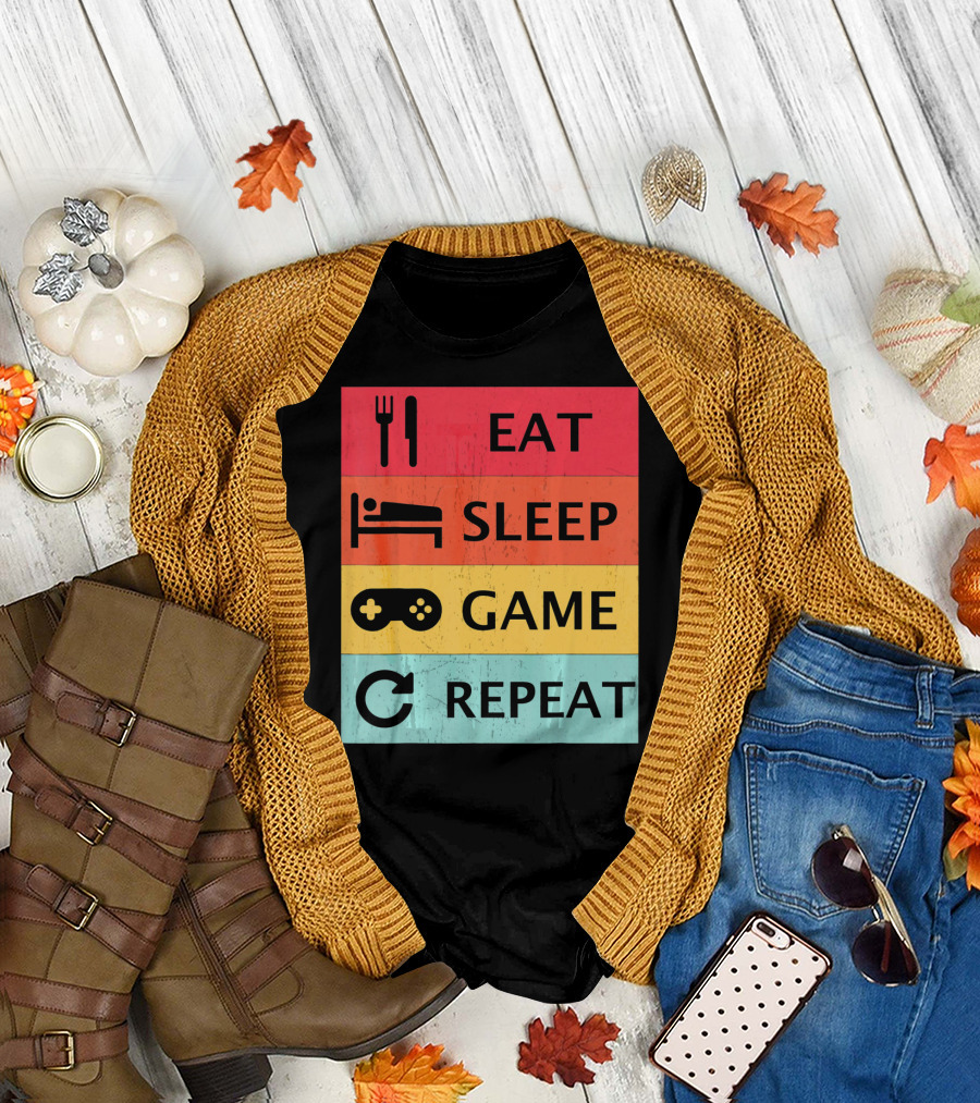 Eat Sleep Game Repeat Meme Retro Icons T-Shirt