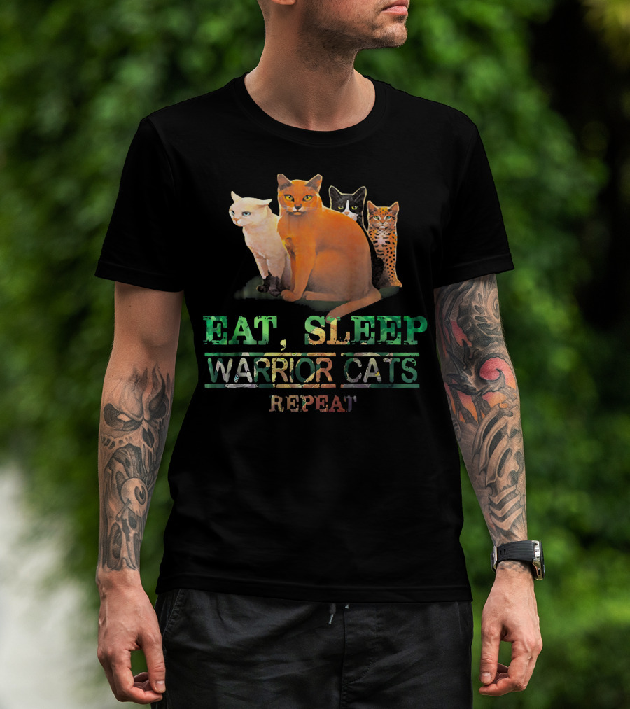 Eat Sleep Warrior Cats Repeat Funny Cat Illustration With Four Colorful Feline Characters T-Shirt