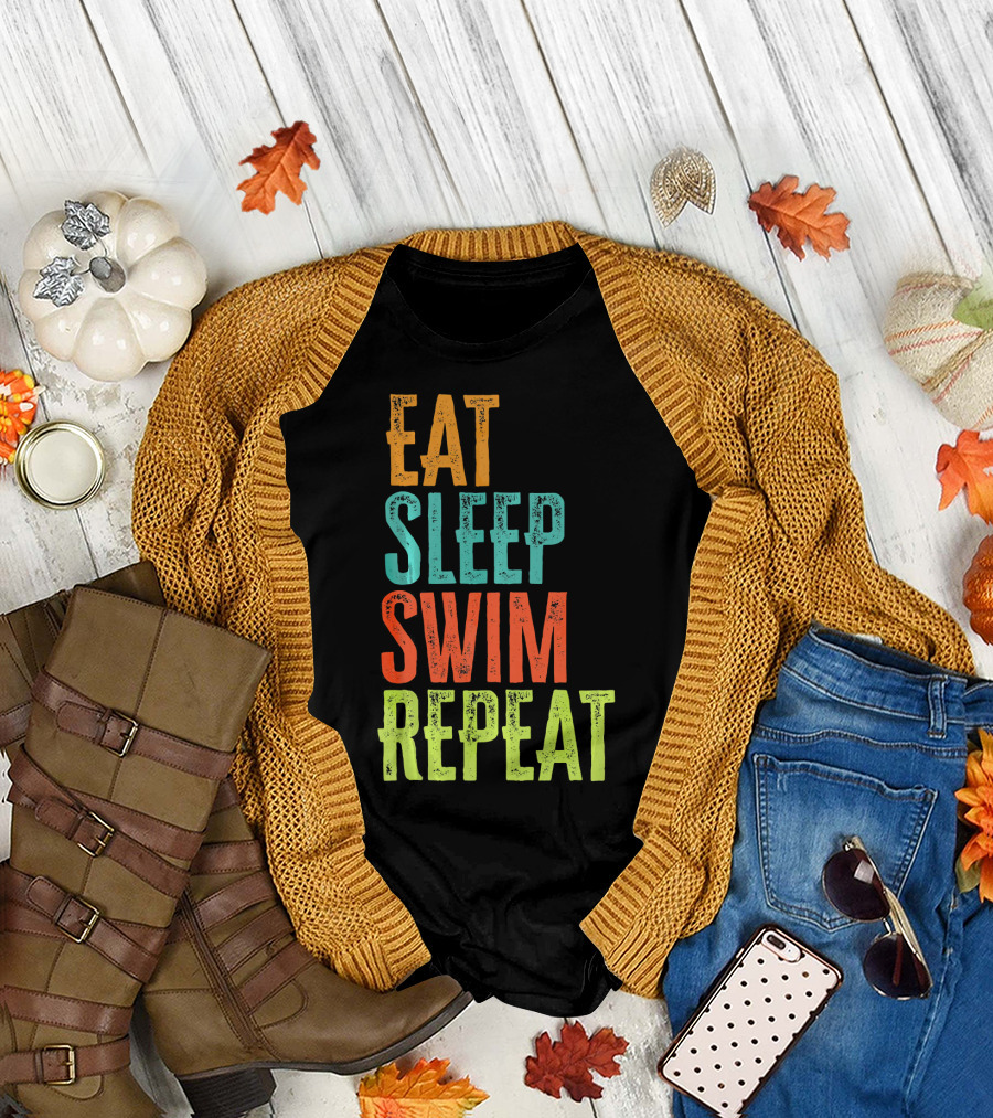 Eat Sleep Swim Repeat Retro Swimming Coa T-Shirt