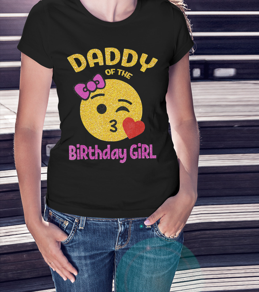 Daddy Of The Birthday Girl Emoji Pink Glitter Heart Bow T-Shirt