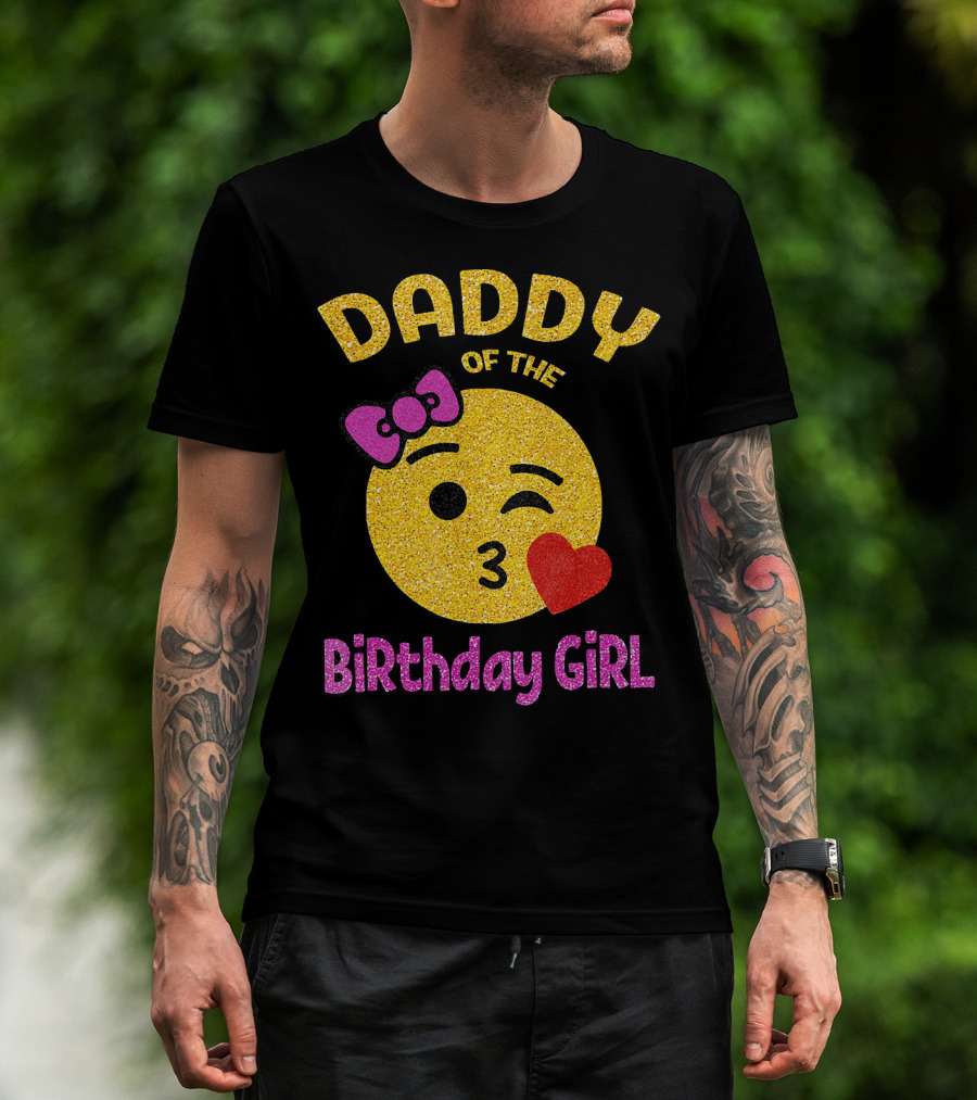 Daddy Of The Birthday Girl Emoji Pink Glitter Heart Bow T-Shirt