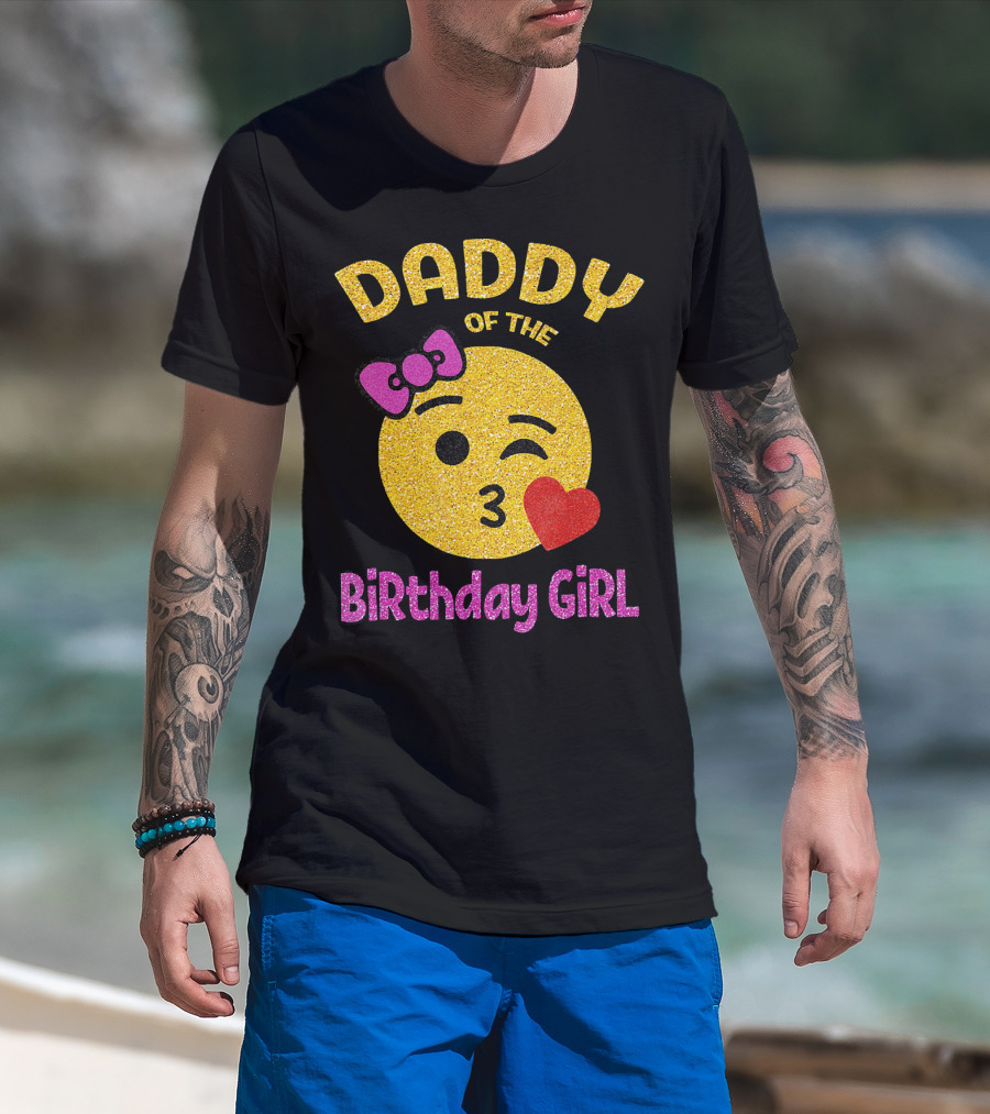 Daddy Of The Birthday Girl Emoji Pink Glitter Heart Bow T-Shirt