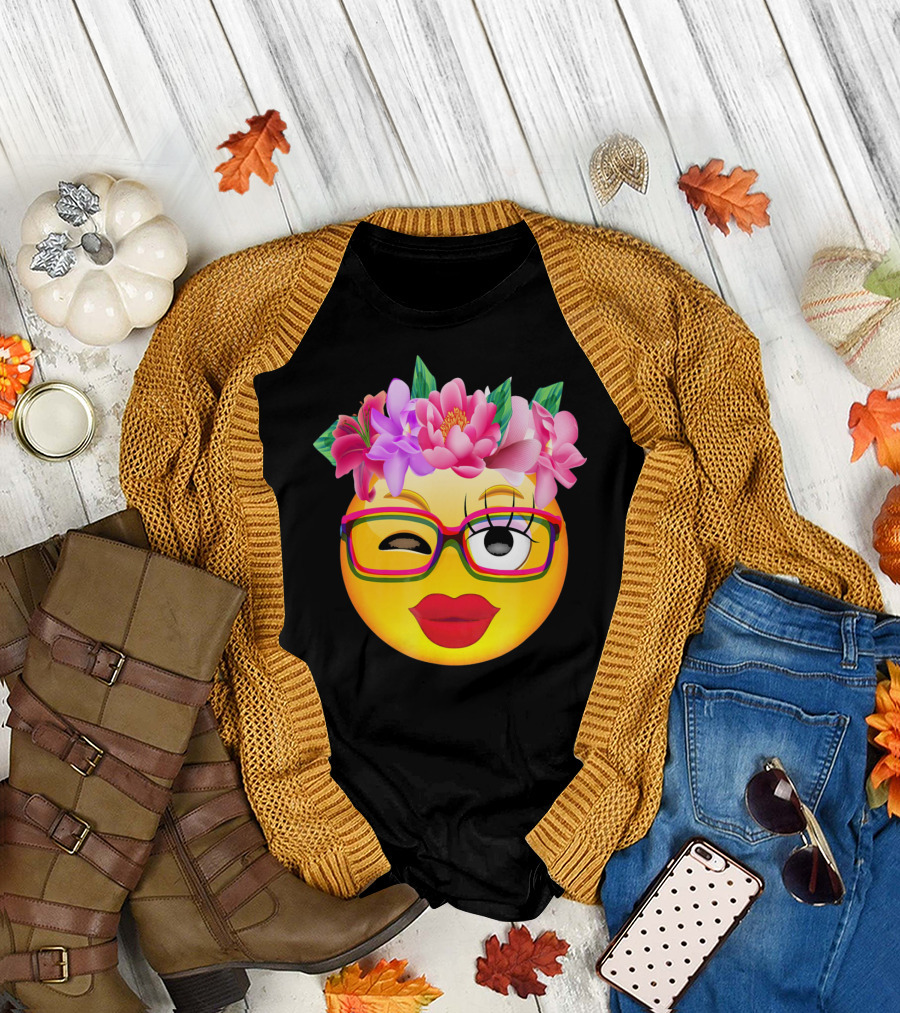 Emoji Face Smiley Emoticon Nerd Winking Glasses and Flower Crown T-Shirt