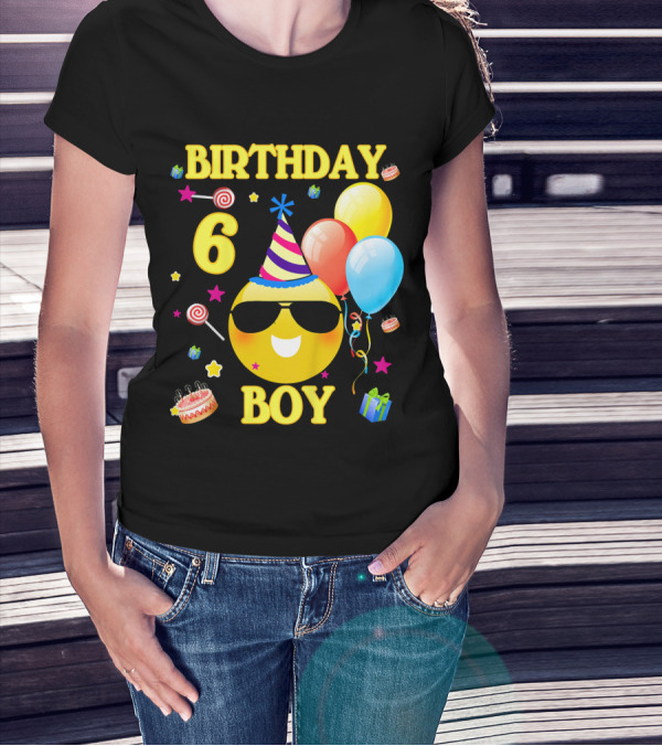 Birthday 6 Boy Emoji With Party Hat And Balloons T-Shirt