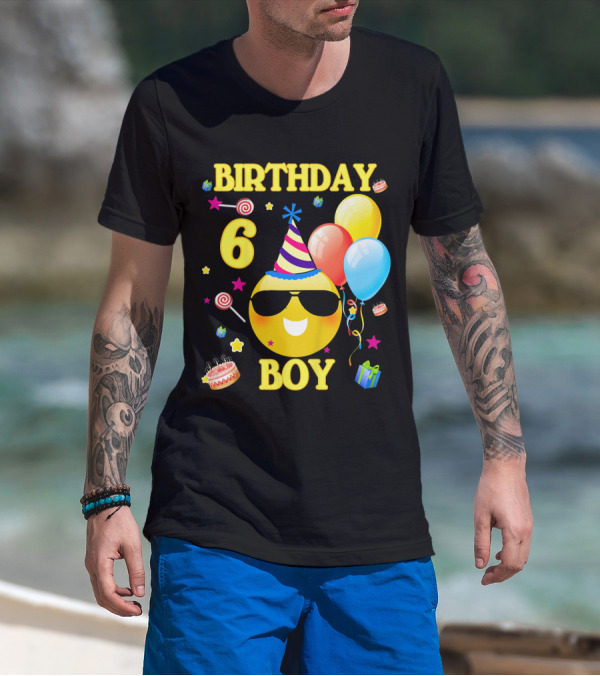 Birthday 6 Boy Emoji With Party Hat And Balloons T-Shirt