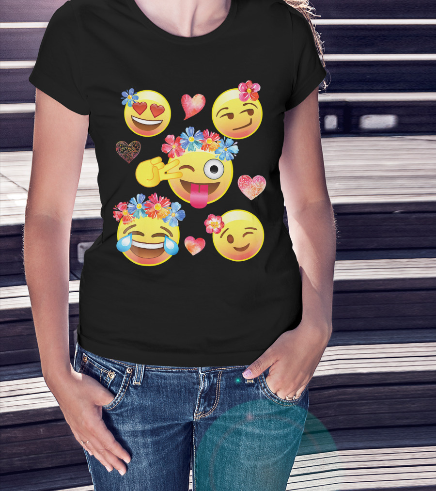 Cute Emoji Flower Crowns Heart Eyes Wink Tongue Out Laughing Crying Hearts T-Shirt