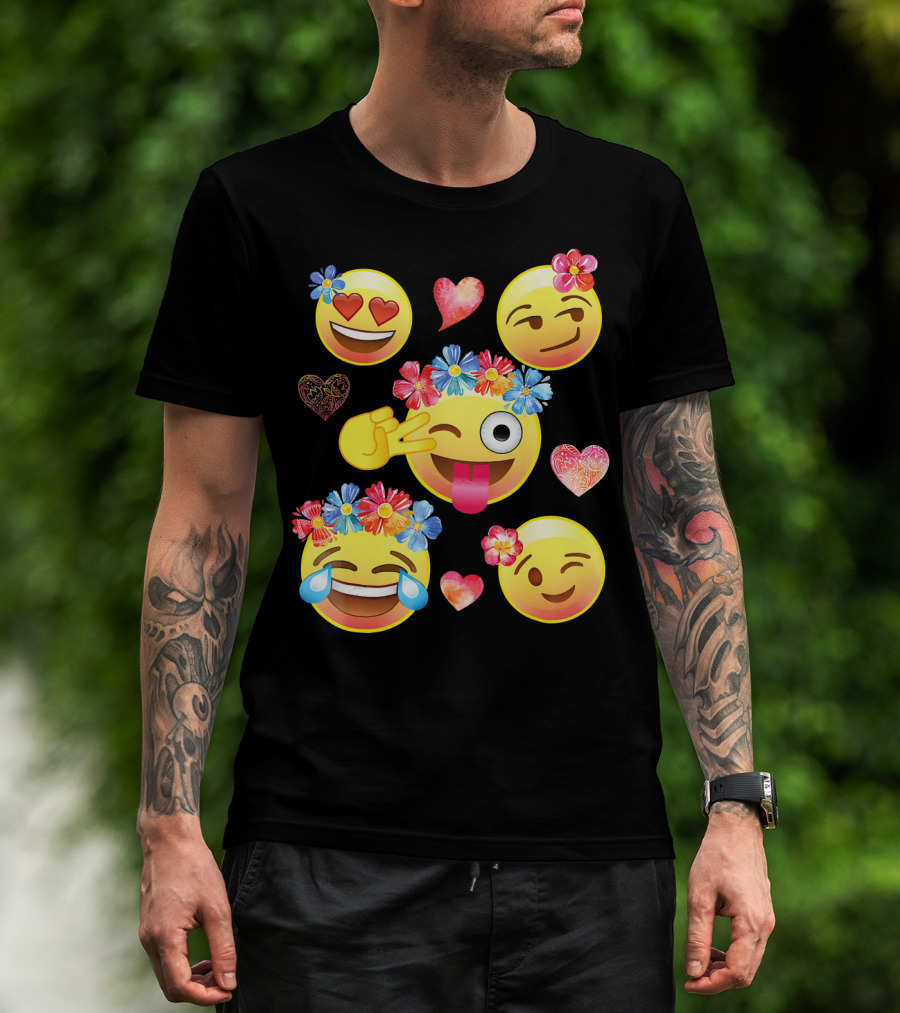 Cute Emoji Flower Crowns Heart Eyes Wink Tongue Out Laughing Crying Hearts T-Shirt