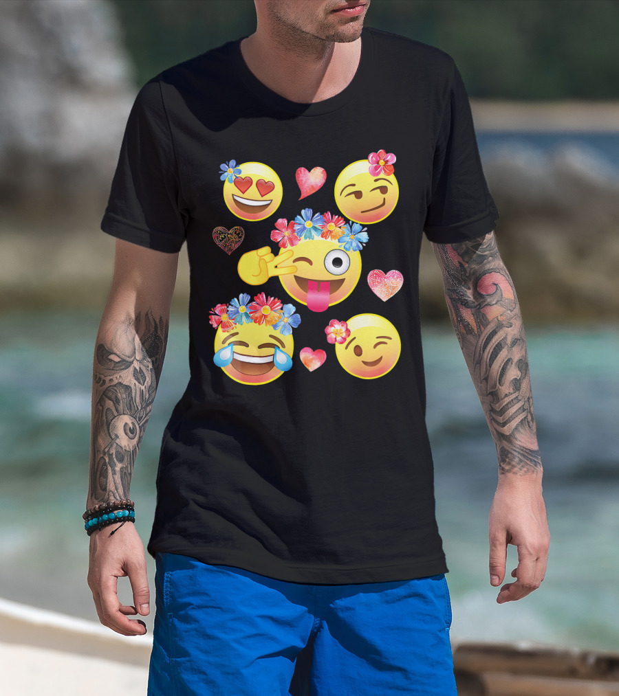 Cute Emoji Flower Crowns Heart Eyes Wink Tongue Out Laughing Crying Hearts T-Shirt