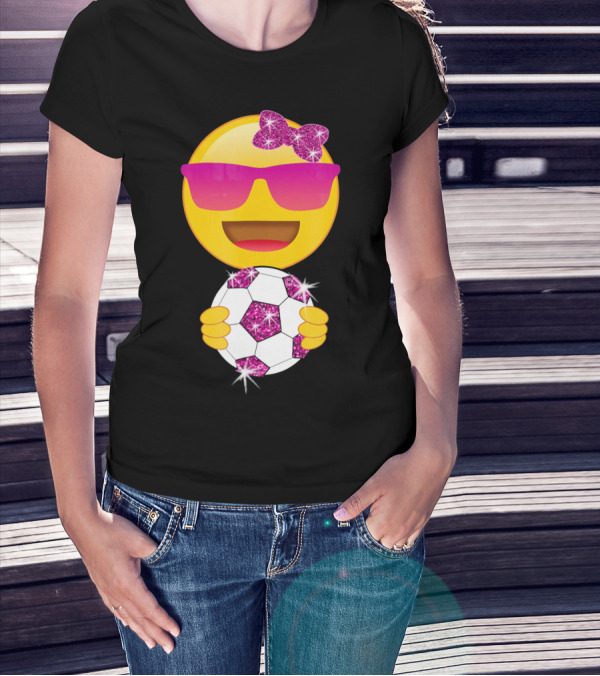 Cute Emoji With Sunglasses Holding A Sparkling Soccer Ball And Glitter Bow T-Shirt