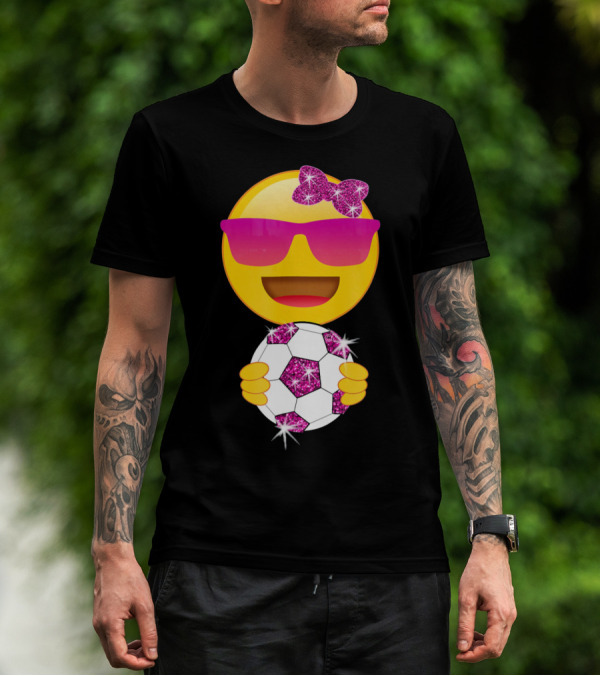 Cute Emoji With Sunglasses Holding A Sparkling Soccer Ball And Glitter Bow T-Shirt