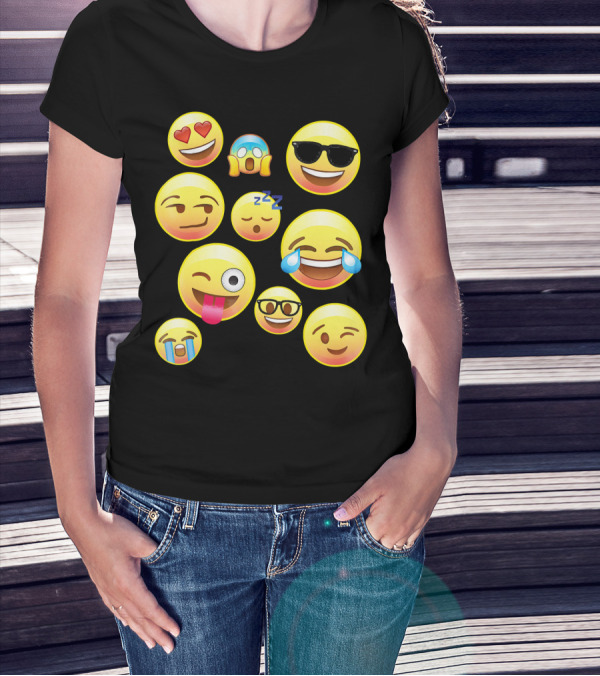 Funny Emoji Faces For Girls Heart Eyes Sleepy Wink Tears Sunglasses Zany T-Shirt