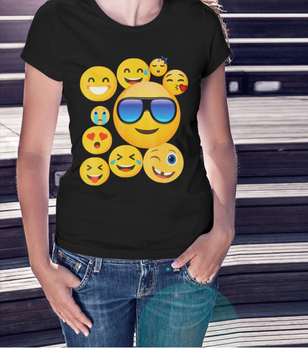 Emoji Wear Cool Smiley Faces With Sunglasses And Cute Emoticon Expressions T-Shirt