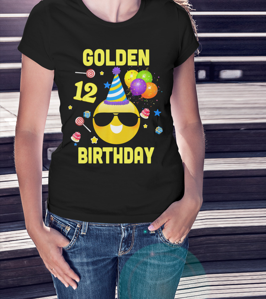 Golden Birthday 12 Emoji Party Hat Sunglasses Balloons Confetti T-Shirt