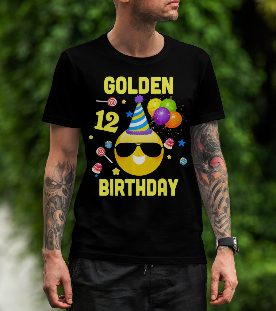 Golden Birthday 12 Emoji Party Hat Sunglasses Balloons Confetti T-Shirt