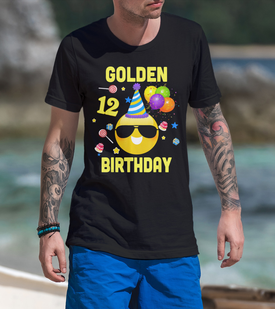 Golden Birthday 12 Emoji Party Hat Sunglasses Balloons Confetti T-Shirt