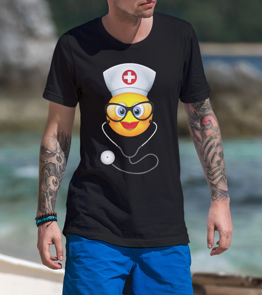 Nurse Halloween Funny Emoji Glasses Stethoscope T-Shirt