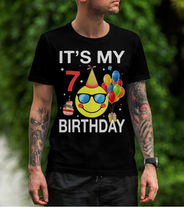 IT'S MY 7 BIRTHDAY Emoji Party Hat Sunglasses Balloons Cake T-Shirt