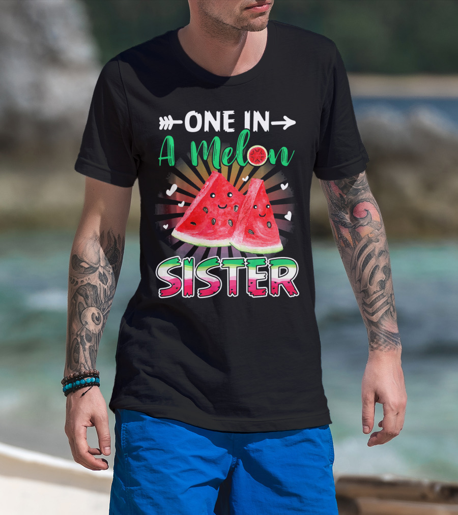 One In A Melon Sister Funny Watermelon With Smiling Slices And Hearts T-Shirt