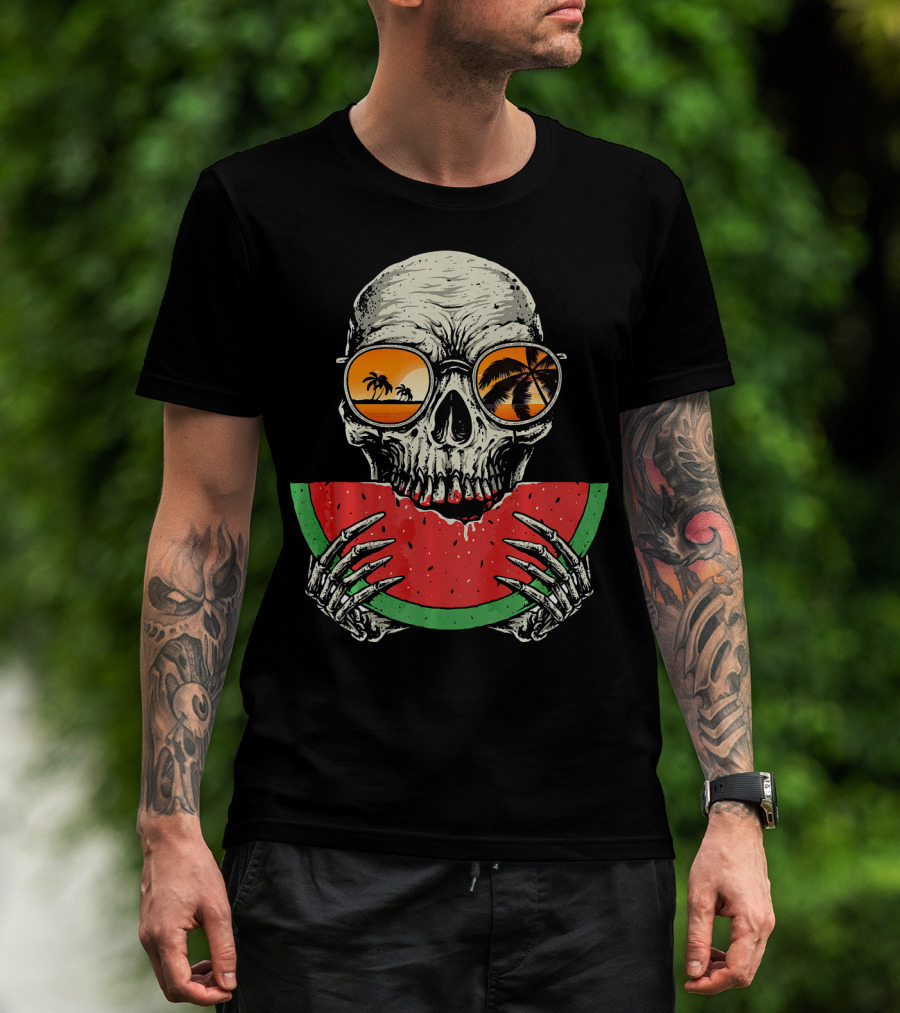 Watermelon Skull Wearing Summer Glasses With Beach Reflections T-Shirt