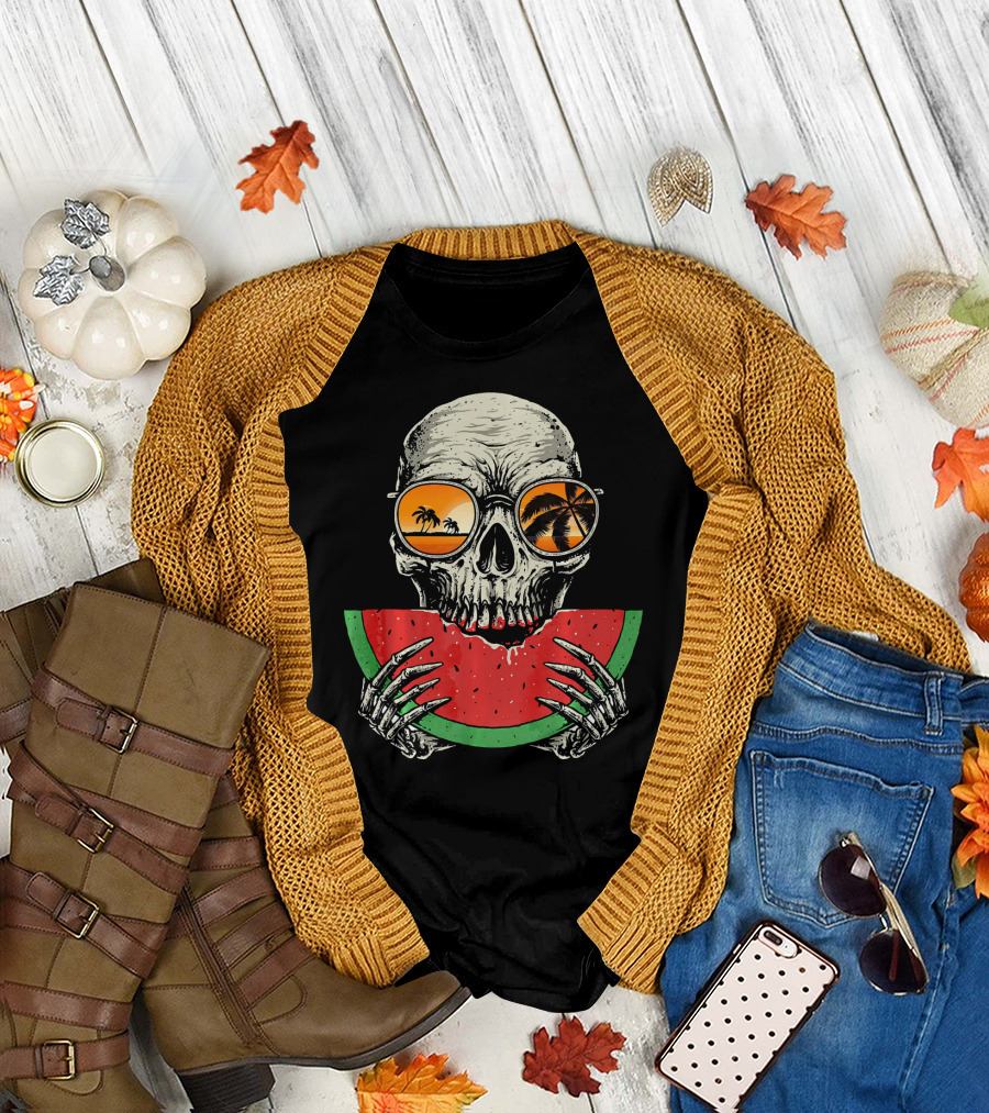 Watermelon Skull Wearing Summer Glasses with Beach Reflections T-Shirt