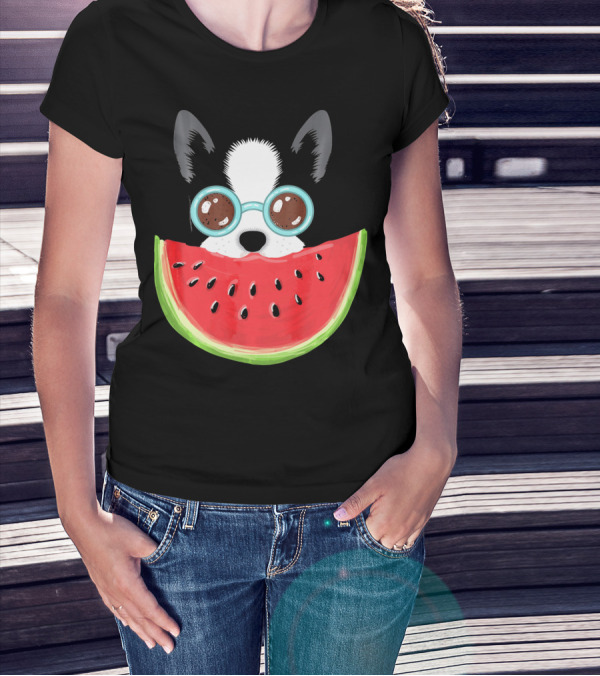 Watermelon Love Funny Boston Terrier With Sunglasses T-Shirt