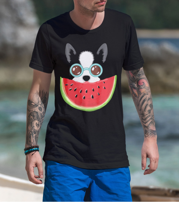 Watermelon Love Funny Boston Terrier With Sunglasses T-Shirt