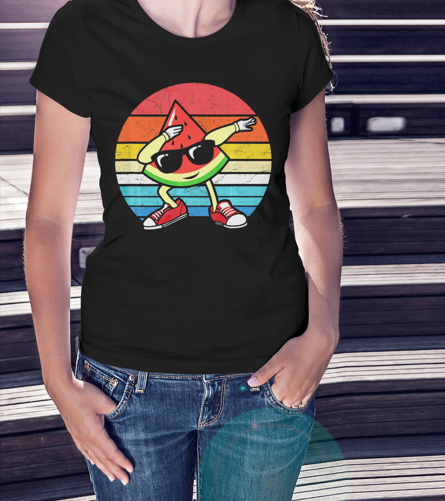 Dabbing Watermelon Vintage Summer Retro Sunset Stripes T-Shirt