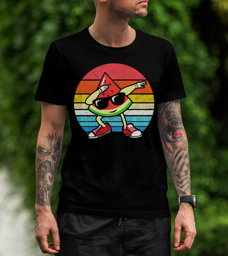 Dabbing Watermelon Vintage Summer Retro Sunset Stripes T-Shirt