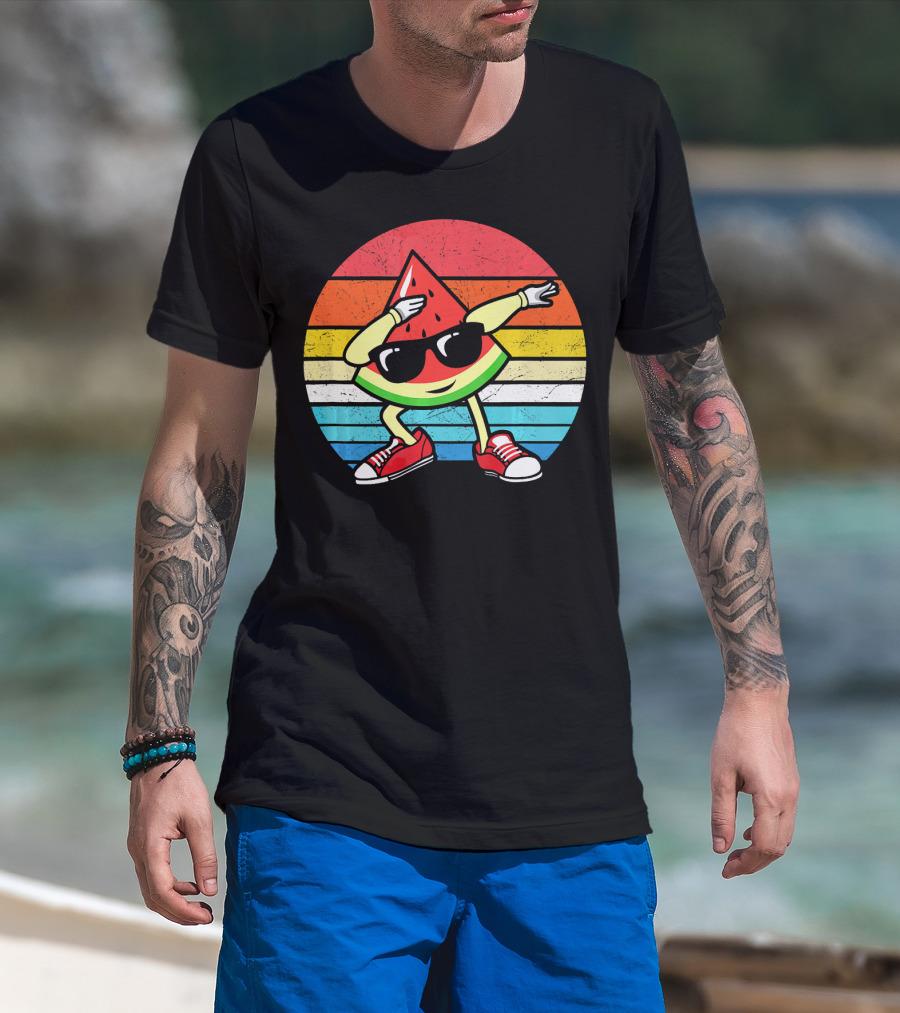 Dabbing Watermelon Vintage Summer Retro Sunset Stripes T-Shirt