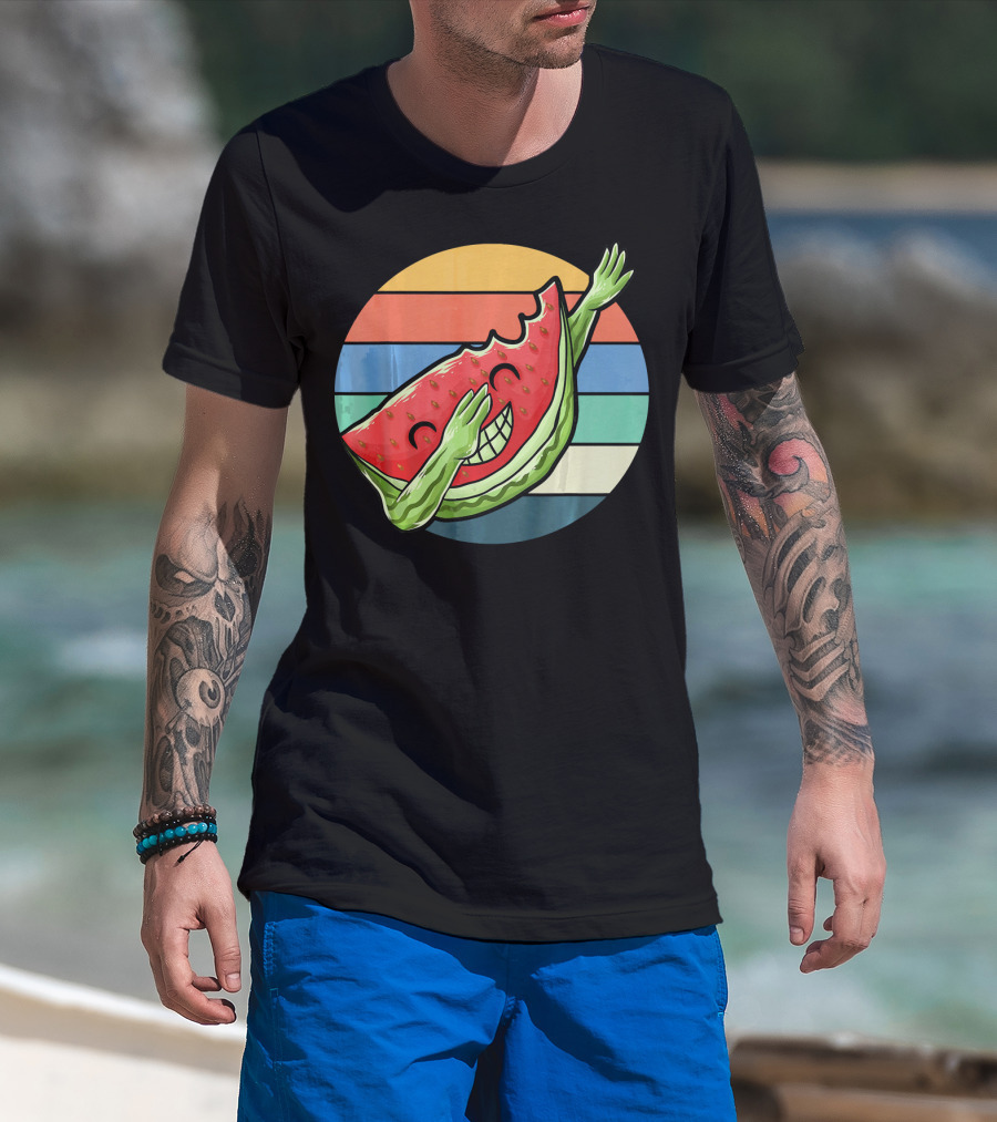 Retro Vintage Dabbing Watermelon Aloha Stripes T-Shirt