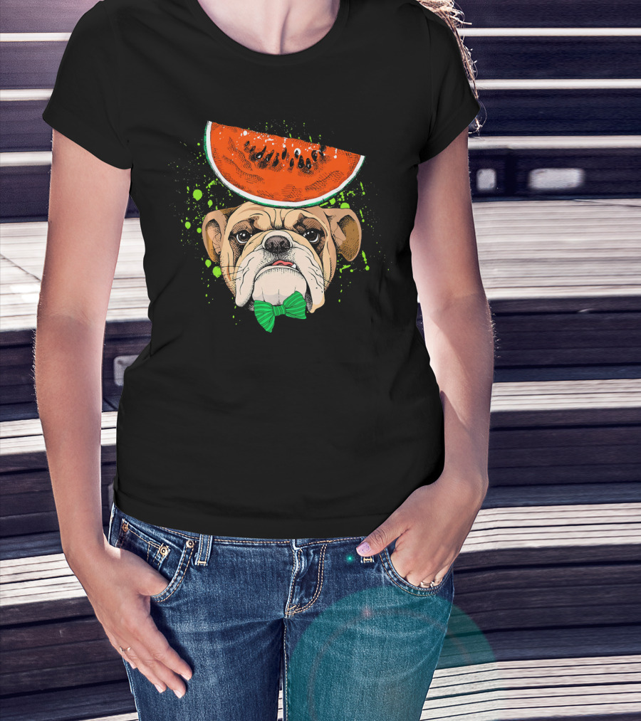 Bulldog Wearing Watermelon Hat With Green Bow Tie T-Shirt