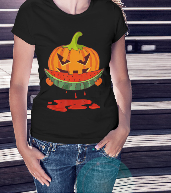 Creepy Pumpkin Devours Juicy Watermelon In Spooky T-Shirt