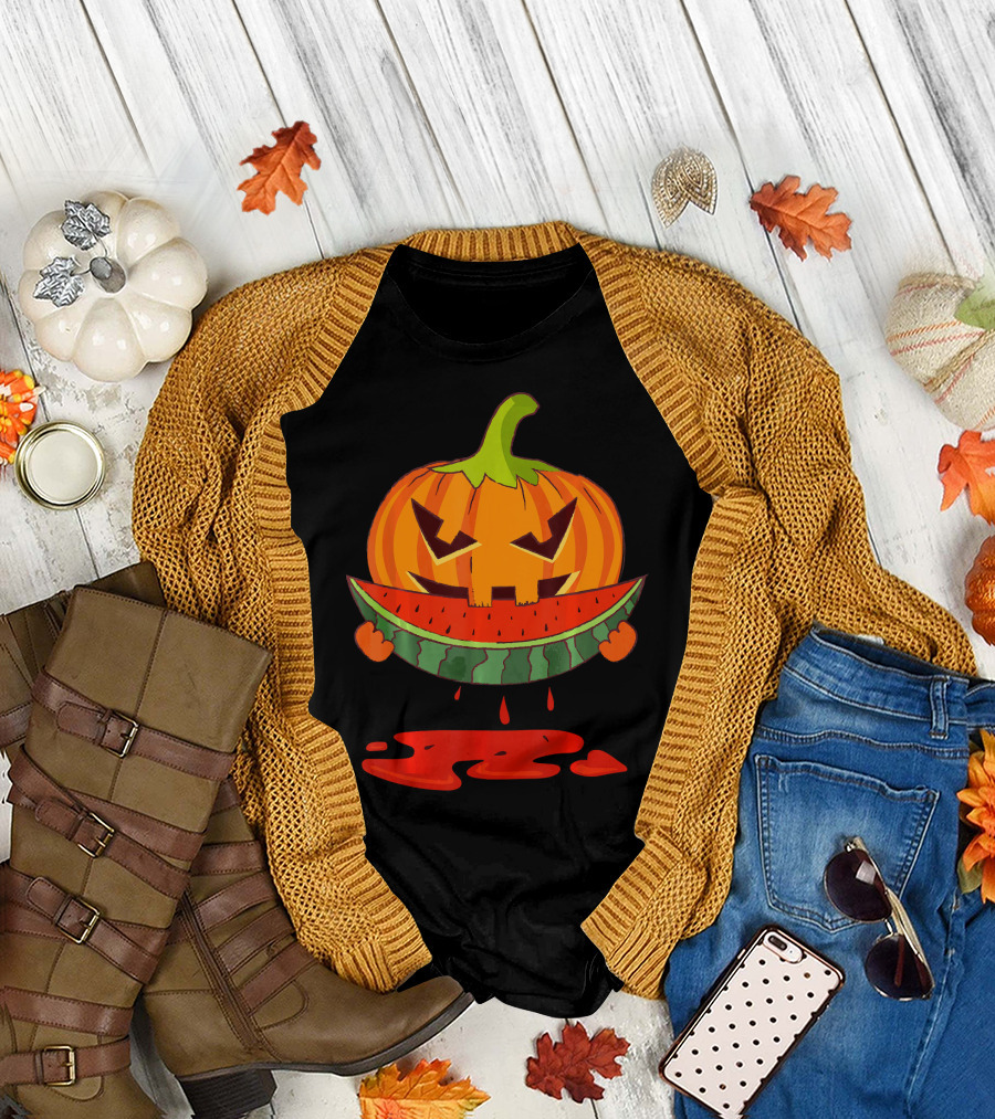 Creepy Pumpkin Devours Juicy Watermelon in Spooky T-Shirt