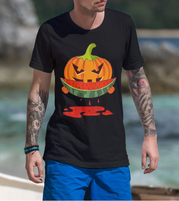 Creepy Pumpkin Devours Juicy Watermelon In Spooky T-Shirt