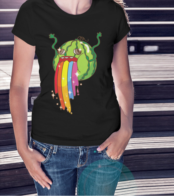 Comic Watermelon Vomits Sparkling Rainbow Streams T-Shirt