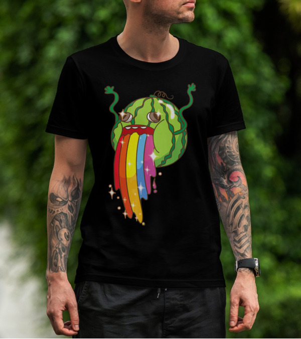 Comic Watermelon Vomits Sparkling Rainbow Streams T-Shirt