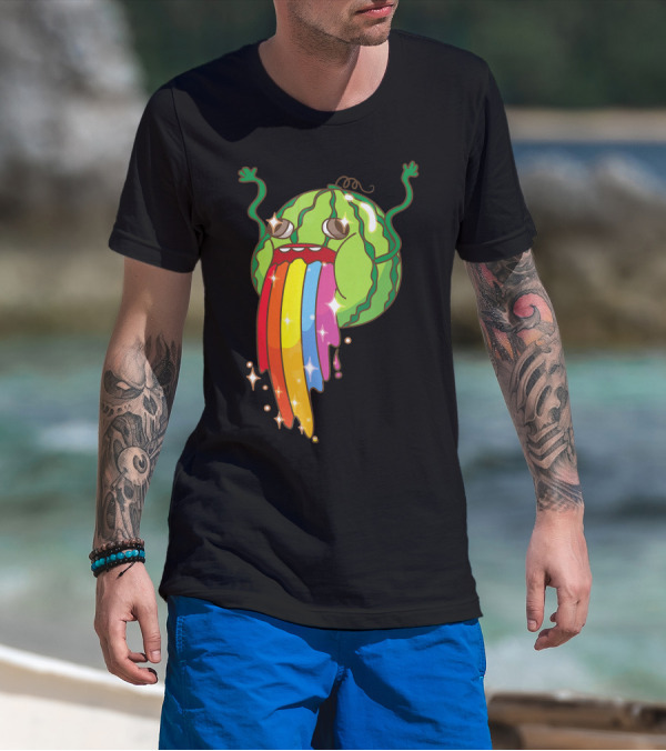 Comic Watermelon Vomits Sparkling Rainbow Streams T-Shirt