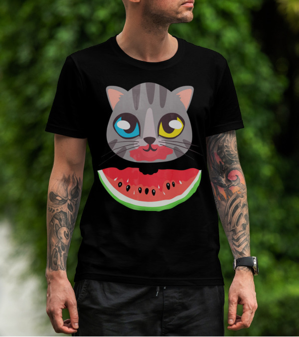 Watermelon Cat Funny Cat With Dual-Colored Eyes And Watermelon Slice T-Shirt
