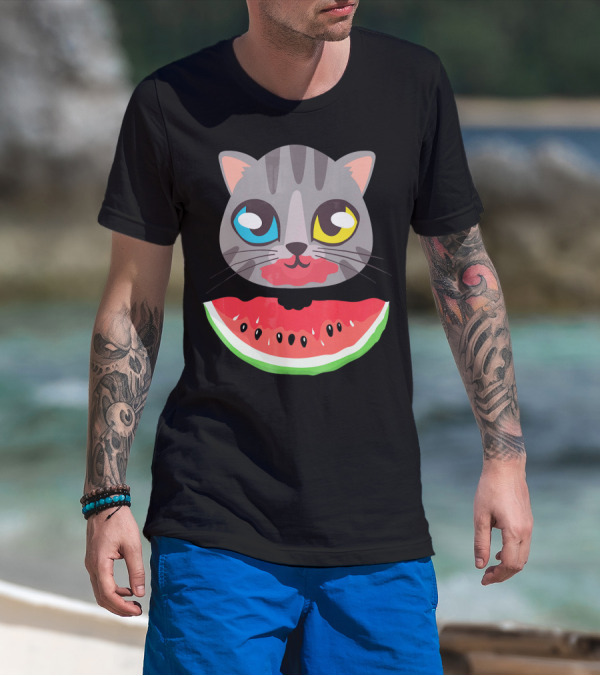 Watermelon Cat Funny Cat With Dual-Colored Eyes And Watermelon Slice T-Shirt