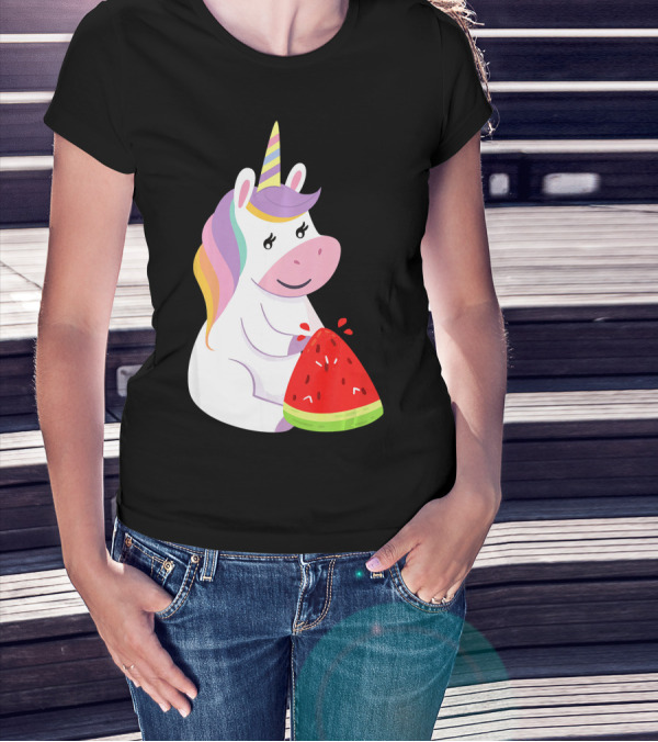 Unicorn Eating Watermelon With Rainbow Mane Novelty T-Shirt
