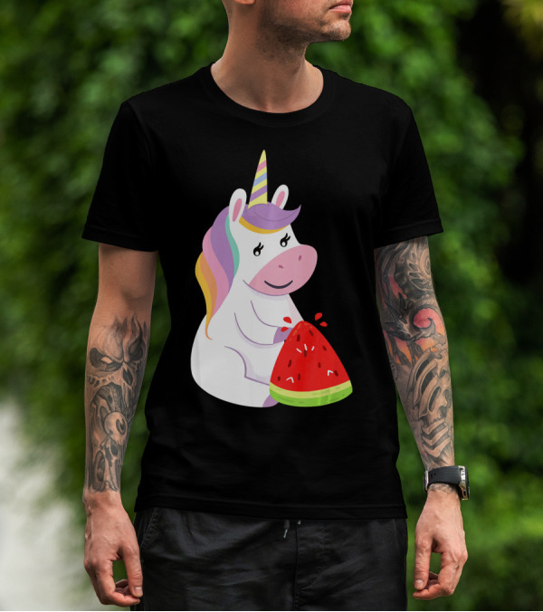 Unicorn Eating Watermelon With Rainbow Mane Novelty T-Shirt