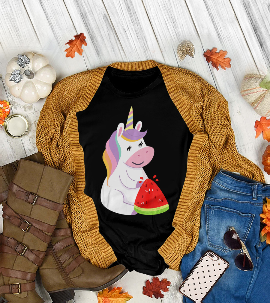Unicorn Eating Watermelon with Rainbow Mane Novelty T-Shirt