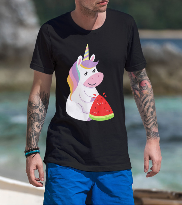 Unicorn Eating Watermelon With Rainbow Mane Novelty T-Shirt