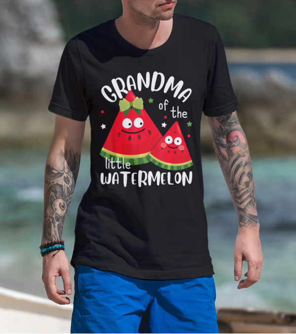 Grandma Of The Little Watermelon With Smiling Cartoon Slices And Stars T-Shirt