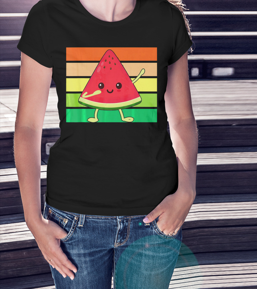 Dabbing Watermelon Retro Rainbow Stripes T-Shirt