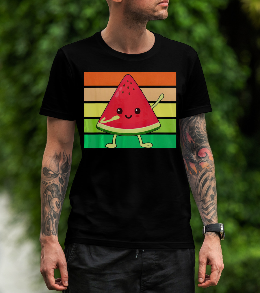 Dabbing Watermelon Retro Rainbow Stripes T-Shirt