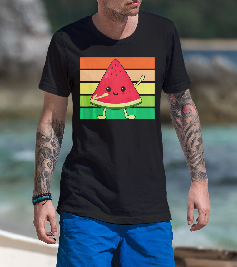 Dabbing Watermelon Retro Rainbow Stripes T-Shirt