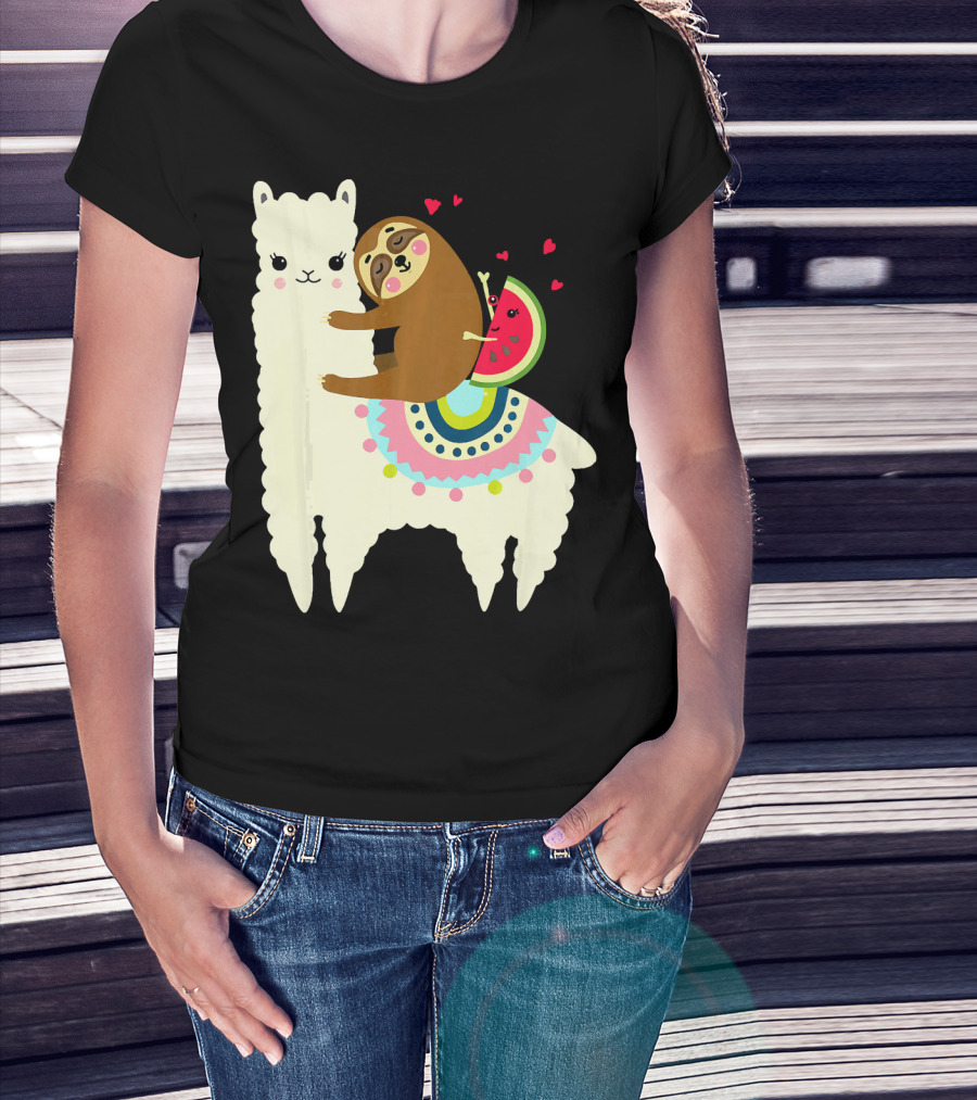 Sloth Hugging Watermelon With Hearts On Colorful Llama T-Shirt