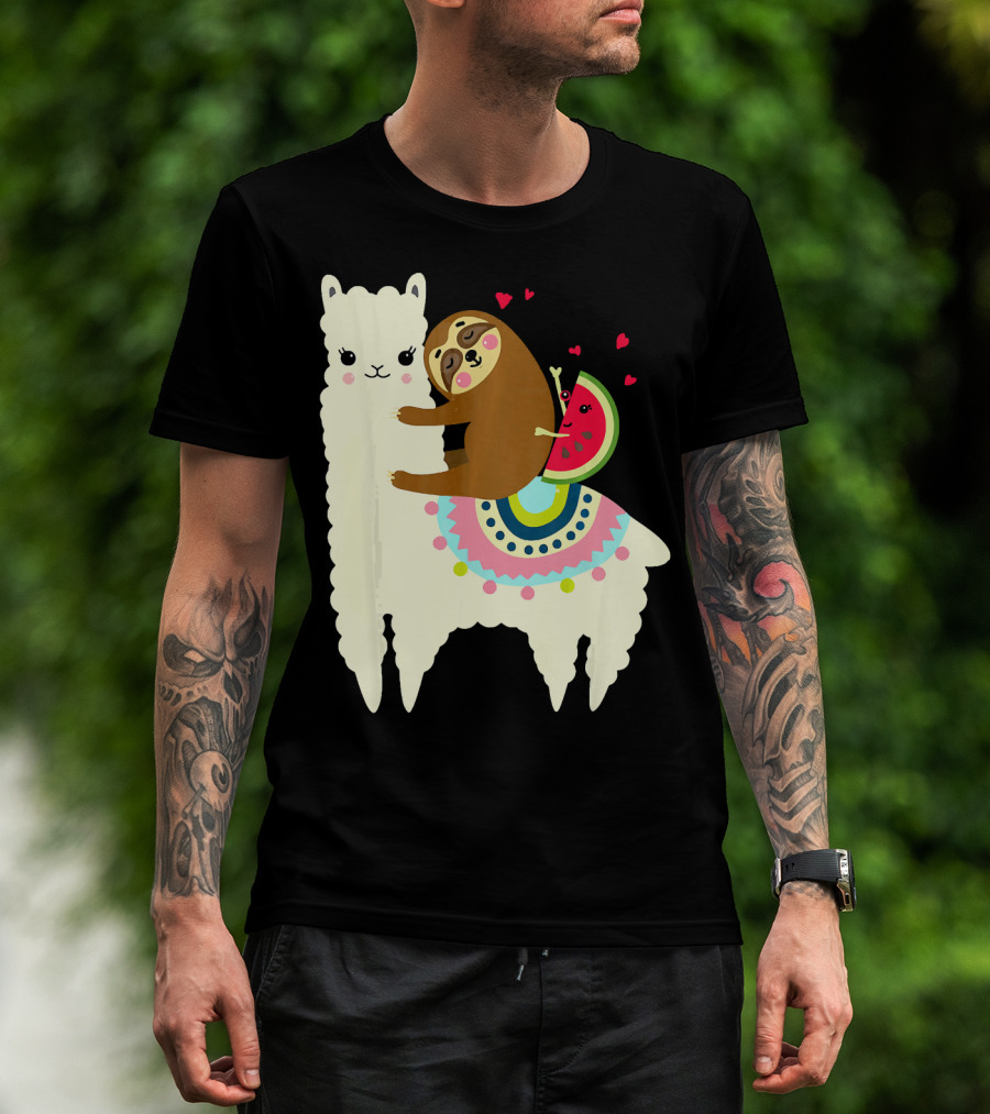 Sloth Hugging Watermelon With Hearts On Colorful Llama T-Shirt