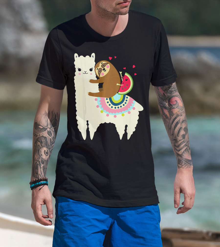 Sloth Hugging Watermelon With Hearts On Colorful Llama T-Shirt